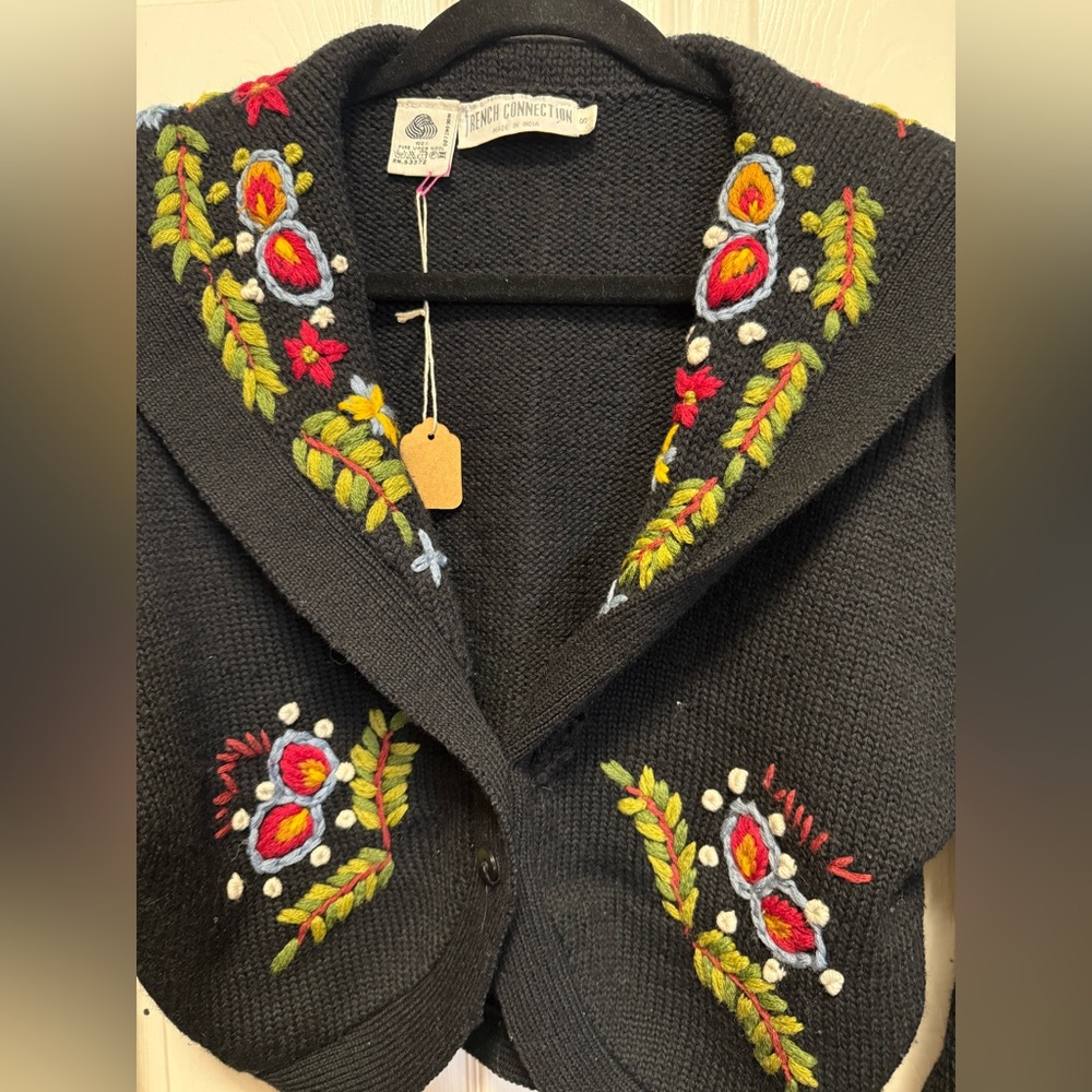 French Connection Black Cardigan with Colorful Embroidery.  Size small - Picture 2 of 4